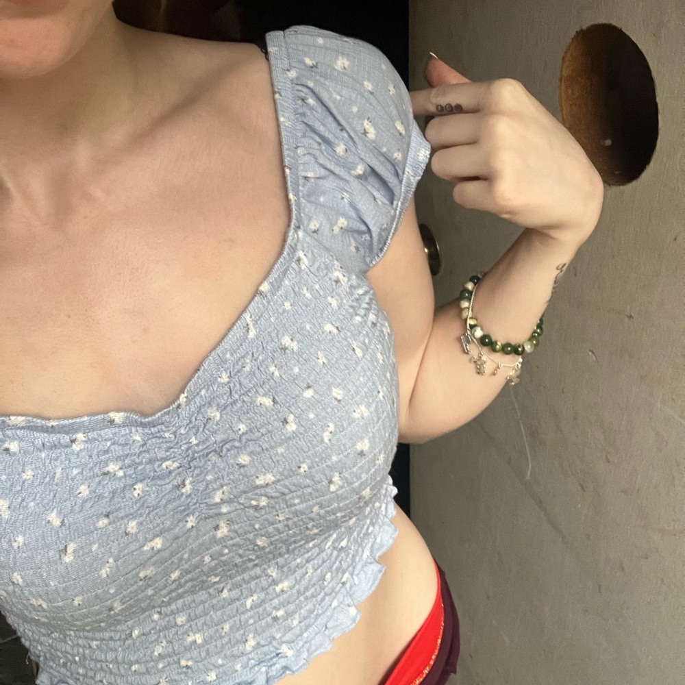 Primark Light Blue Smocked Cap-Sleeve Crop Top